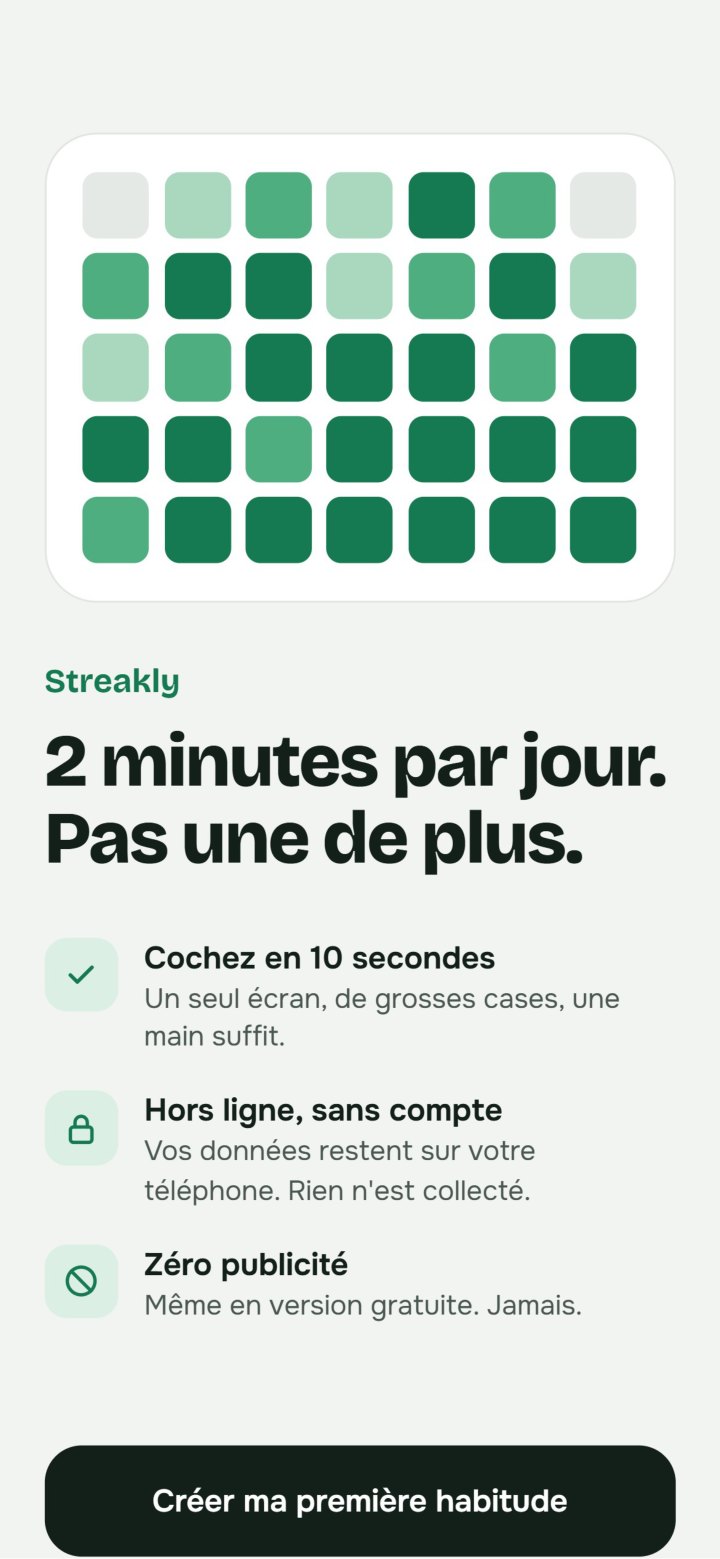 Streakly : application de suivi d'habitudes sans pub et hors ligne Écran d'accueil de Streakly : 2 minutes par jour, pas une de plus