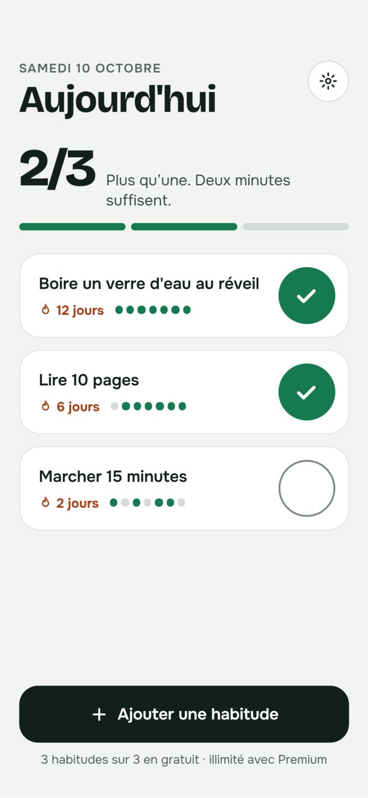 Streakly : application de suivi d'habitudes sans pub et hors ligne Écran Aujourd'hui de Streakly avec trois habitudes et leurs séries
