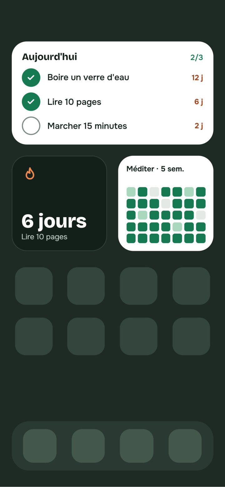 Streakly : application de suivi d'habitudes sans pub et hors ligne Widgets Streakly sur l'écran d'accueil Android : liste du jour, série et calendrier de 5 semaines
